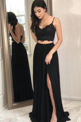 Black Lace Chiffon Two-Piece Prom Dress with Slit