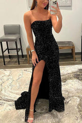 Black Sequin Sparkly Mermaid Strapless Long Prom Dresses, Formal Evening Dress