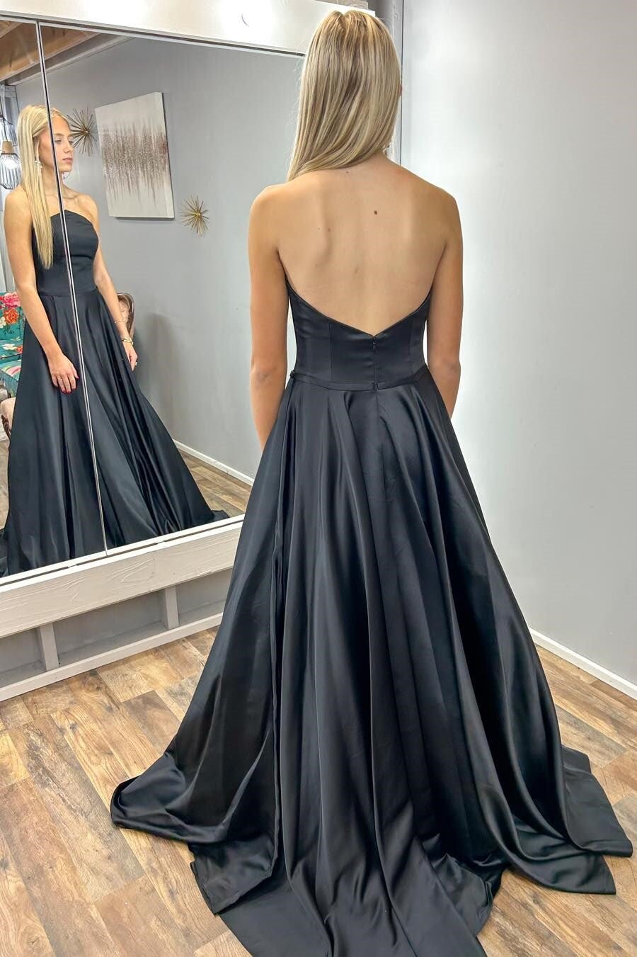 Black Strapless A-Line Satin Long Prom Dress
