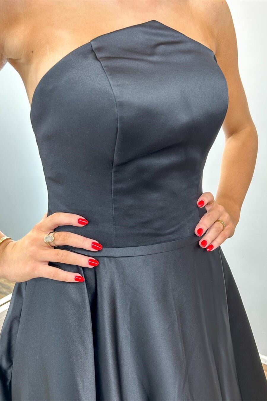 Black Strapless A-Line Satin Long Prom Dress