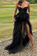 Orange Sweetheart Long Prom Dresses with Lace, Long Slit Tiered Tulle Evening Dress