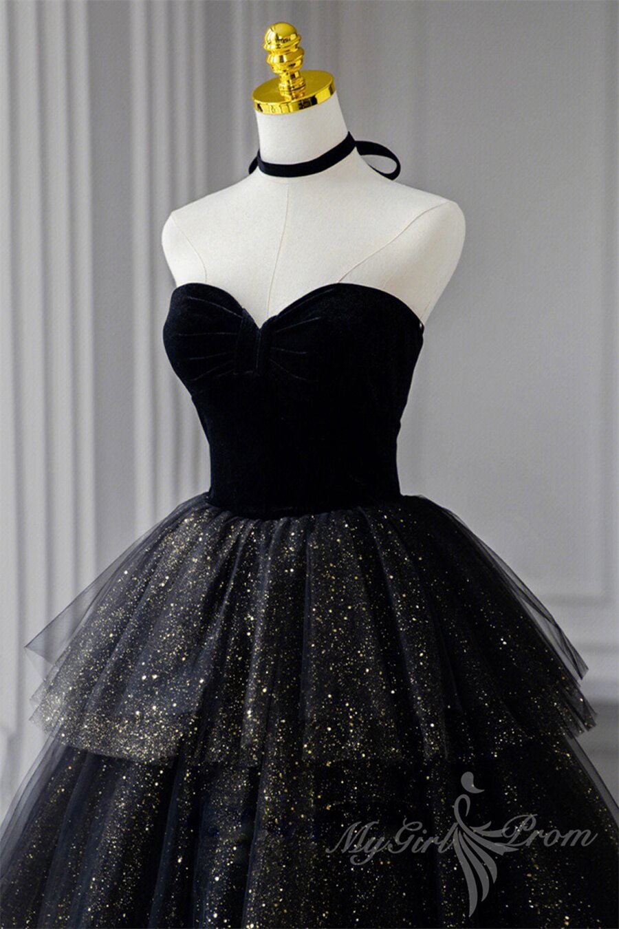 Black Sweetheart Tulle Long Prom Dress with Layered Skirt, Black Formal Evening Dress