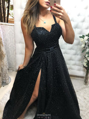 Black Lace Long Prom Dress with Slit, Black Evening Gown