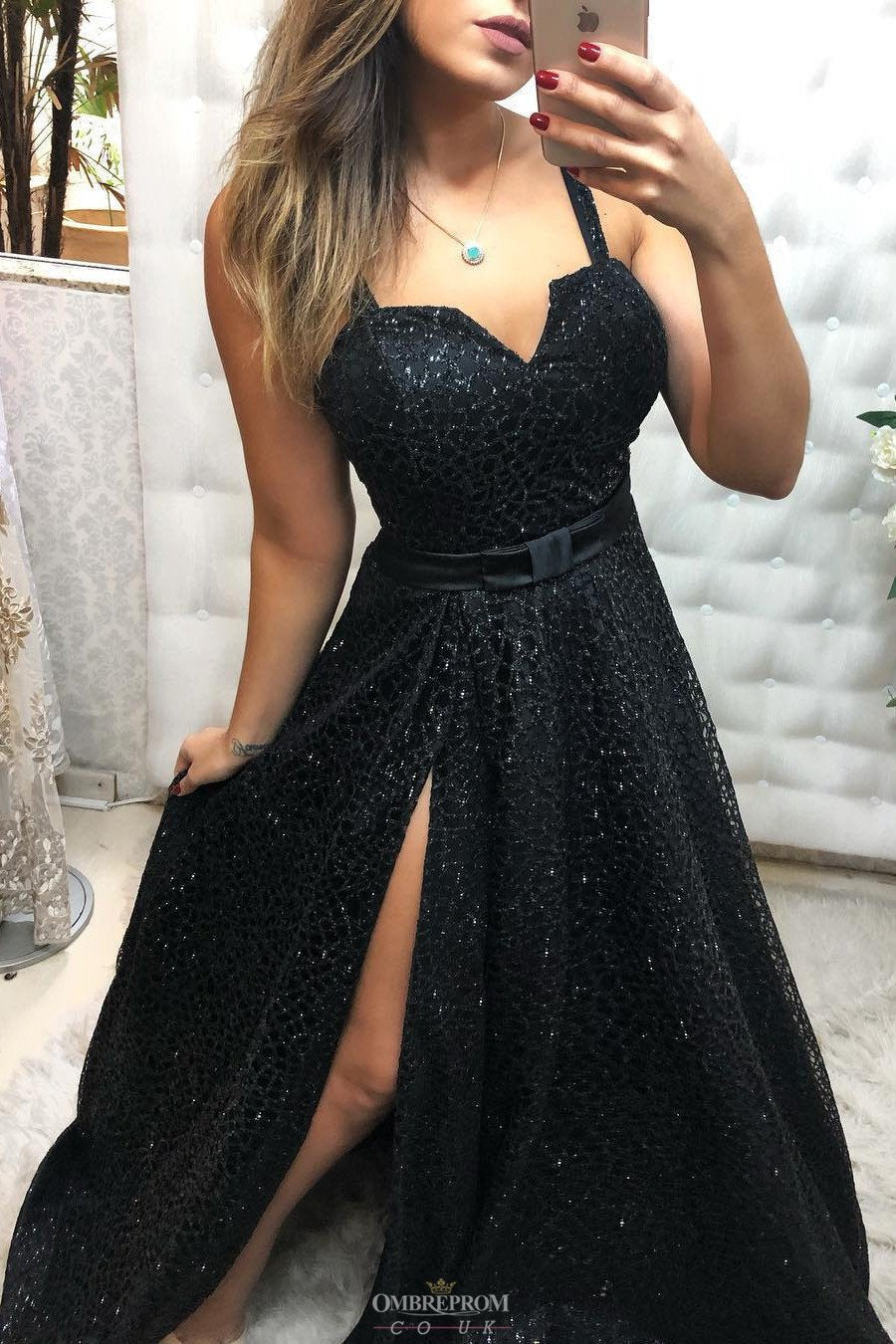 Black Lace Long Prom Dress with Slit, Black Evening Gown