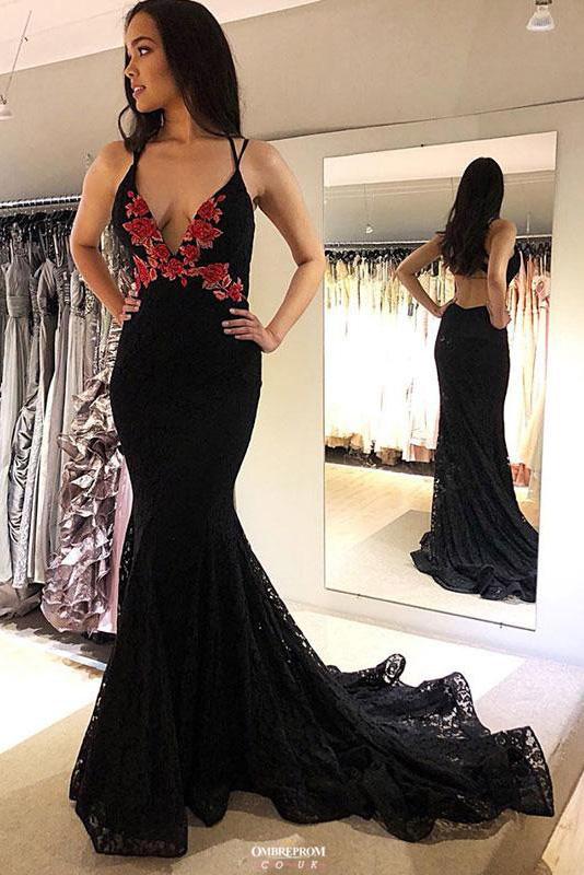 Black Lace Mermaid V-Neck Backless Prom Evening Gown