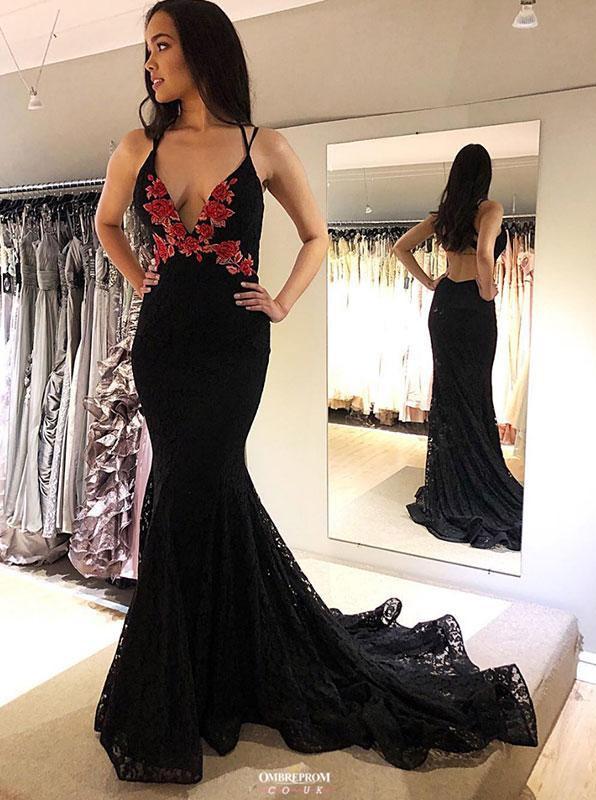 Black Lace Mermaid V-Neck Backless Prom Evening Gown