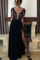 Black Long Prom Dress Long Sleeves Lace Appliques with Slit