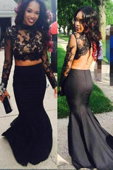 Black Satin Mermaid Long Sleeve Two-Piece Prom Dress with Lace Appliques