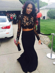 Black Satin Mermaid Long Sleeve Two-Piece Prom Dress with Lace Appliques