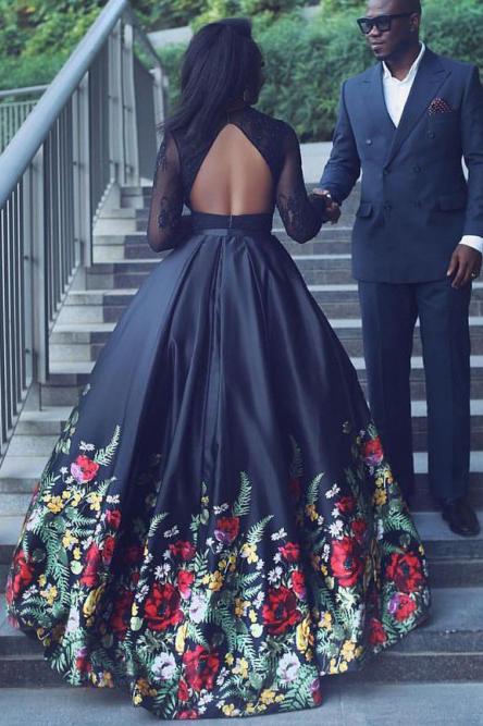Black Lace Long Sleeves Two Piece Floral Prom Dress with Keyhole Back
