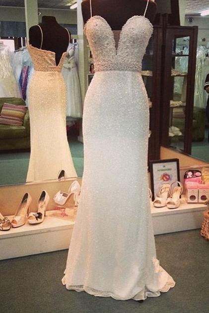 Bling Spaghetti Strap Long Mermaid Backless Prom Dress