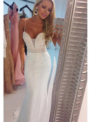 Bling Spaghetti Strap Long Mermaid Backless Prom Dress