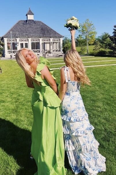 Blue Floral Print Tie Straps Long Prom Dresses Preppy Graduation Gown with Split