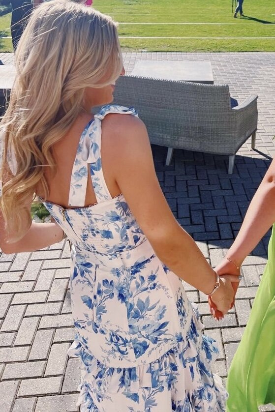 Blue Floral Print Tie Straps Long Prom Dresses Preppy Graduation Gown with Split