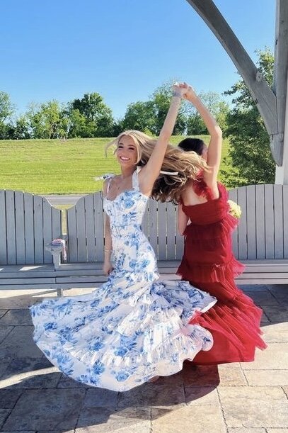 Blue Floral Print Tie Straps Long Prom Dresses Preppy Graduation Gown with Split