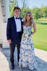 Blue Floral Print Tie Straps Long Prom Dresses Preppy Graduation Gown with Split
