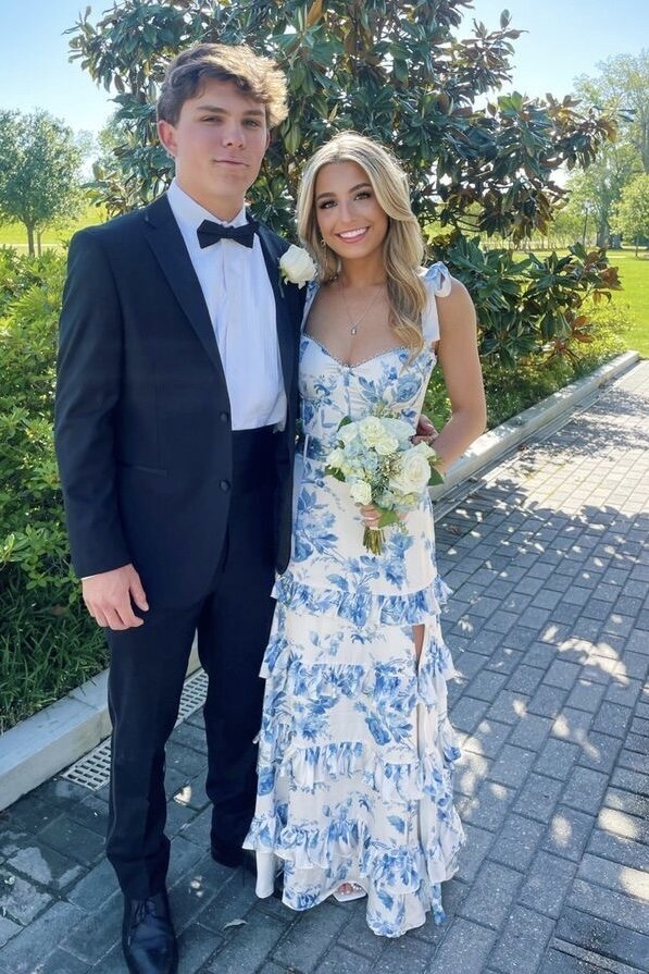 Blue Floral Print Tie Straps Long Prom Dresses Preppy Graduation Gown with Split