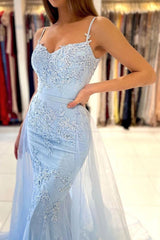 Baby Blue Lace Mermaid Long Prom Dress with Overskirt Train