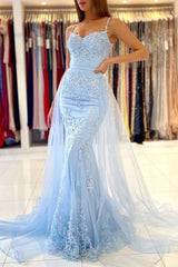 Baby Blue Lace Mermaid Long Prom Dress with Overskirt Train