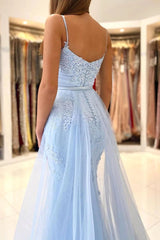 Baby Blue Lace Mermaid Long Prom Dress with Overskirt Train