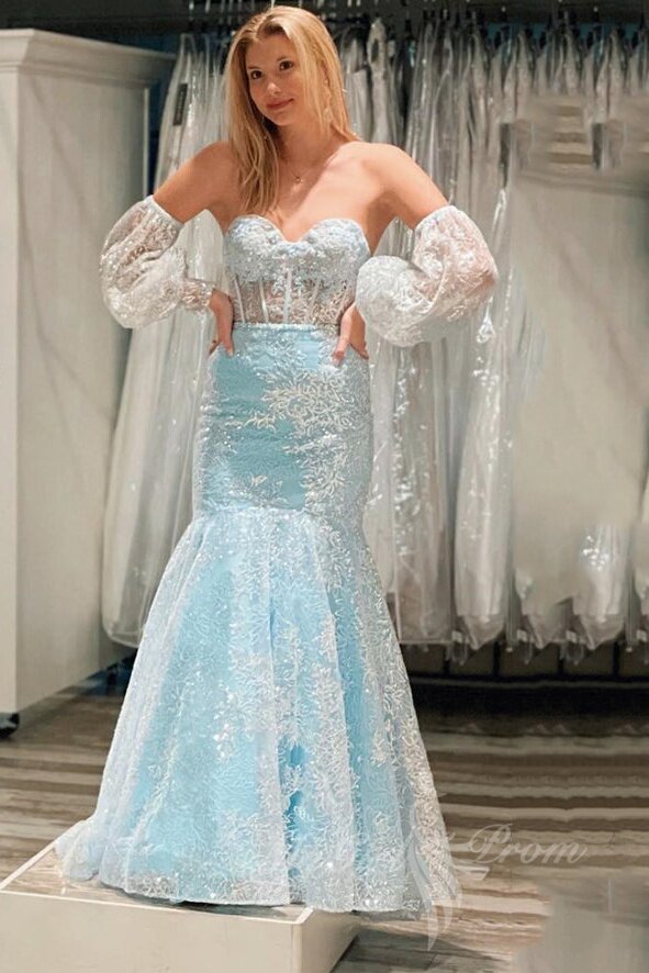Black Lace Mermaid Prom Dresses with Puff Sleeves, Sweetheart Formal Dresses