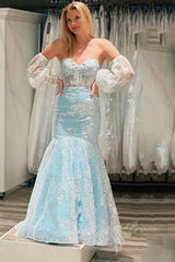 Black Lace Mermaid Prom Dresses with Puff Sleeves, Sweetheart Formal Dresses