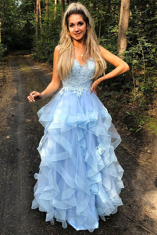 Blue Princess Sweet 16 Dress, Spaghetti Straps Tiered Graduation Prom Dress