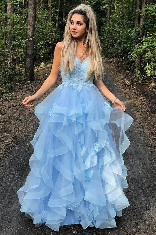 Blue Princess Sweet 16 Dress, Spaghetti Straps Tiered Graduation Prom Dress