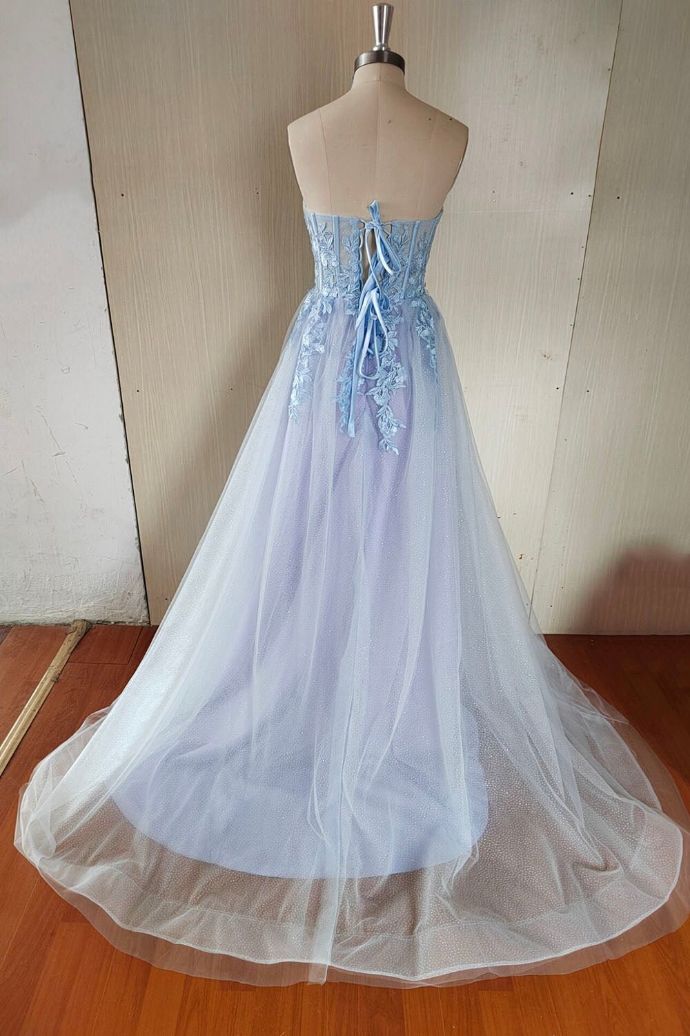 Blue Sweetheart Lace Tulle Long A-Line Prom Dress with Slit