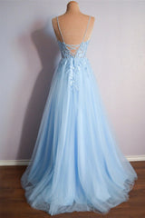 Sky Blue Tulle A-Line V-Neck Lace Long Prom Dresses, Graduation Evening Dress