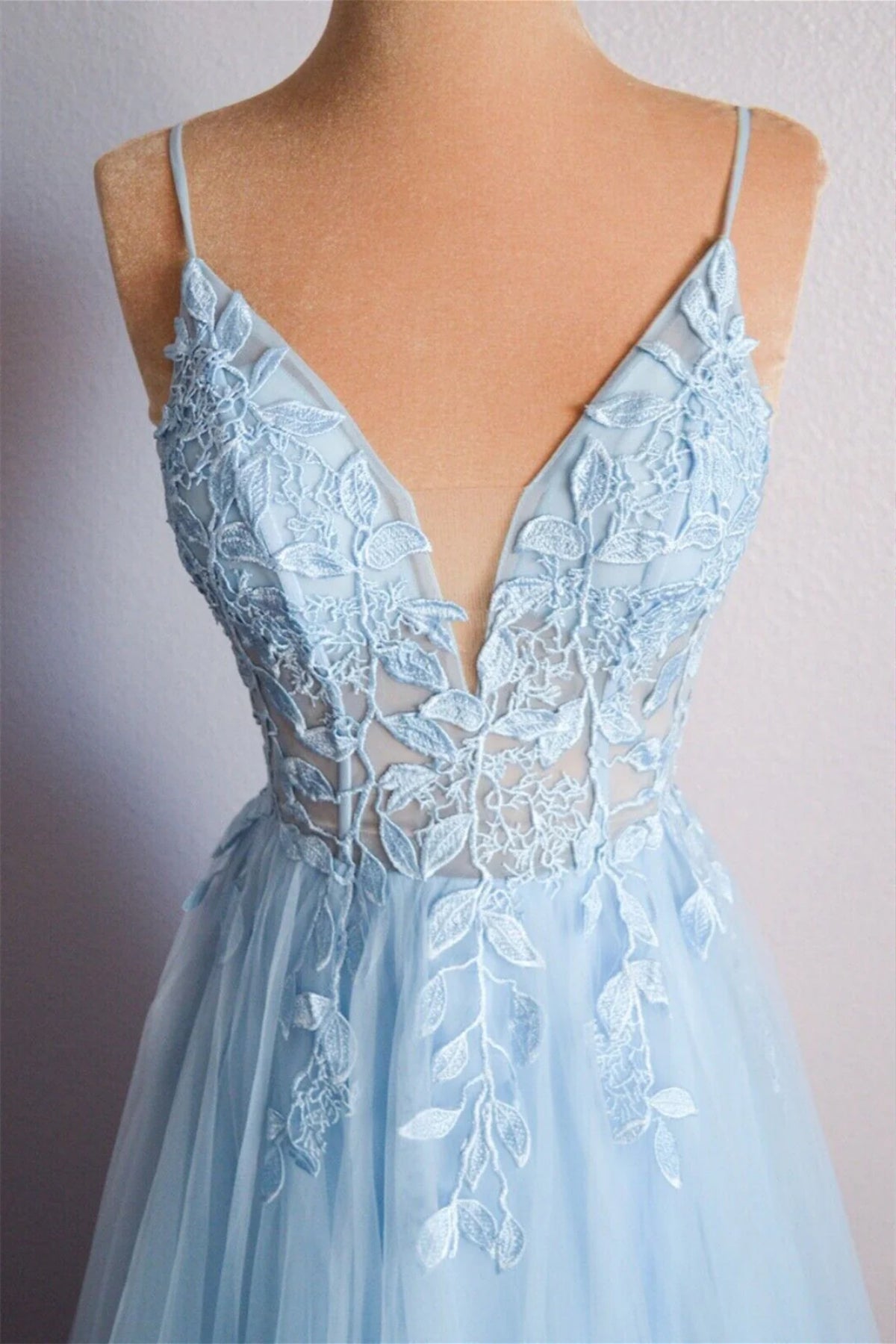 Sky Blue Tulle A-Line V-Neck Lace Long Prom Dresses, Graduation Evening Dress