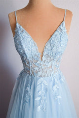 Sky Blue Tulle A-Line V-Neck Lace Long Prom Dresses, Graduation Evening Dress