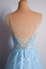 Sky Blue Tulle A-Line V-Neck Lace Long Prom Dresses, Graduation Evening Dress
