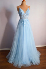 Sky Blue Tulle A-Line V-Neck Lace Long Prom Dresses, Graduation Evening Dress
