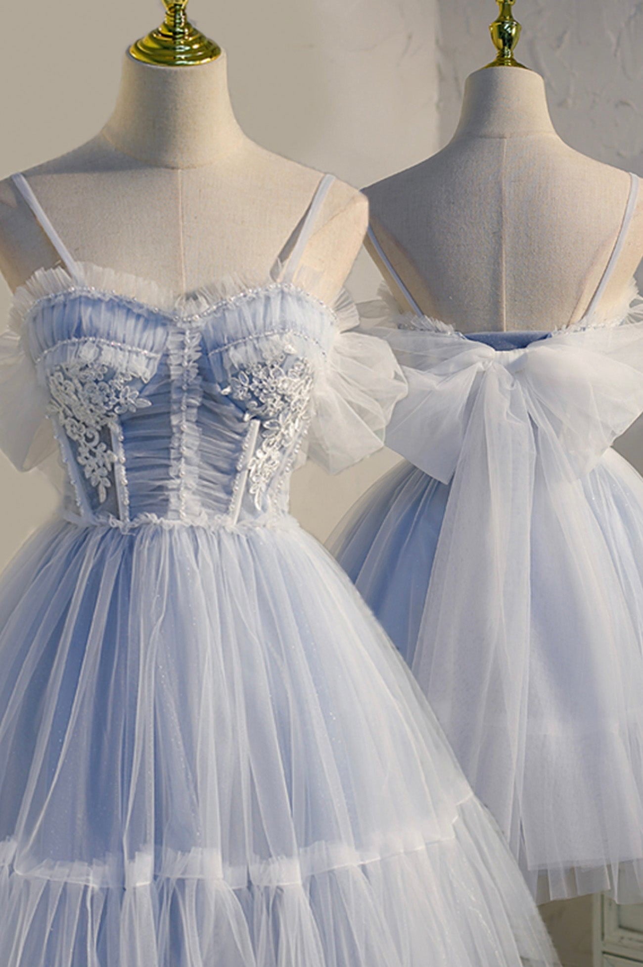Blue Tulle Lace Short Sweet 16 Princess Homecoming Dress with Bowknot