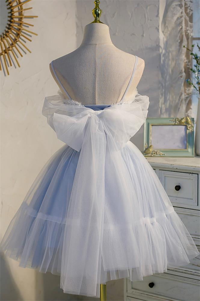 Blue Tulle Lace Short Sweet 16 Princess Homecoming Dress with Bowknot