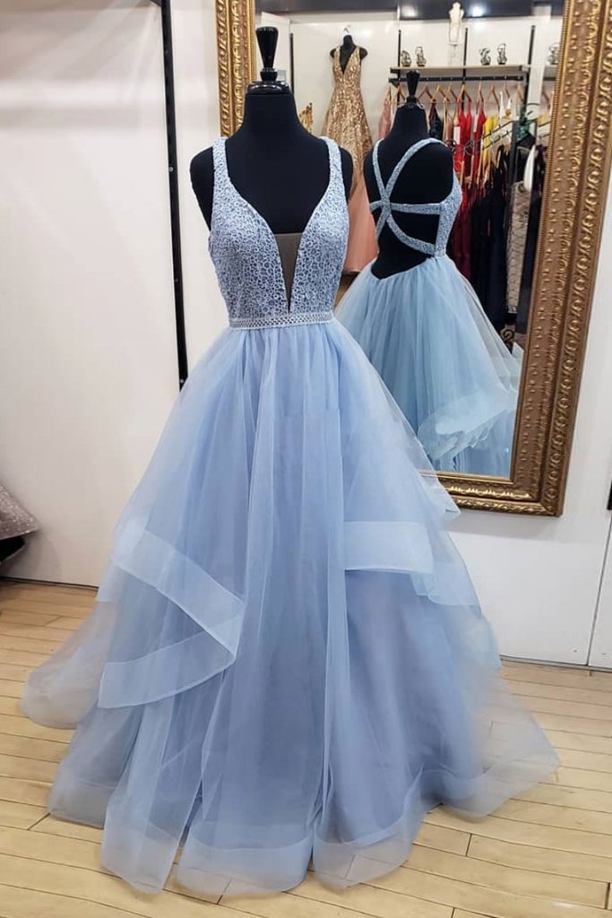 Blue Deep V-Neck Tulle Long Prom Party Dress