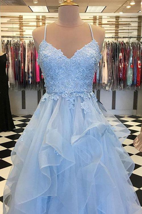 Blue Layered Tulle Long Prom Dress for 8th Grade Graduation