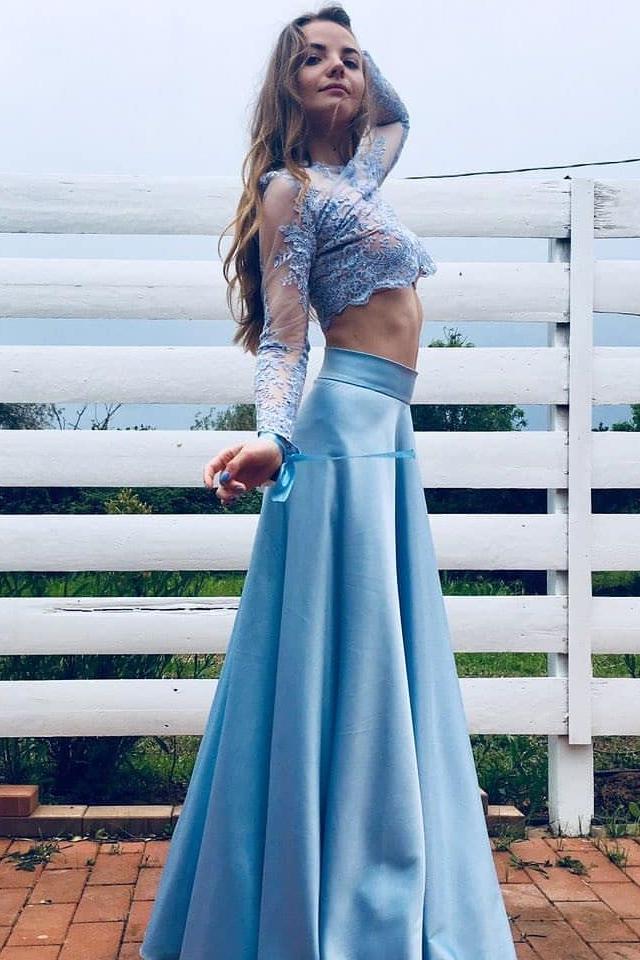Blue Two-Piece Long Sleeve Lace Prom Dress