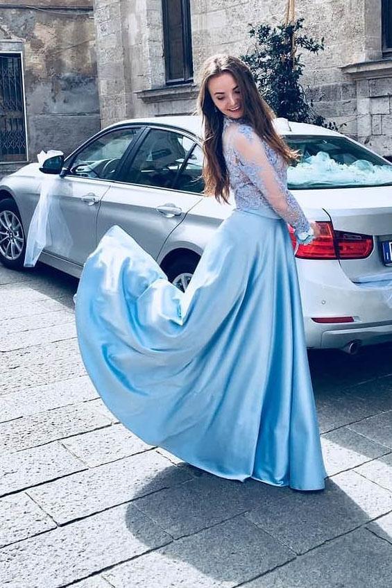 Blue Two-Piece Long Sleeve Lace Prom Dress
