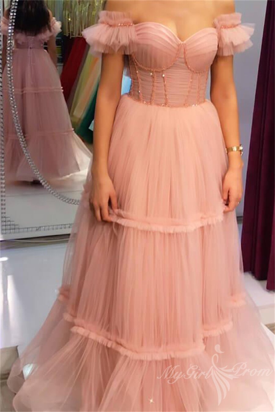 Blush Pink Tiered Tulle Corset Long Prom Dress with Beaded Details
