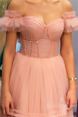 Blush Pink Tiered Tulle Corset Long Prom Dress with Beaded Details