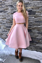 Blush Pink Two Piece Short Prom Dress, Simple Graduation Homecoming Dress