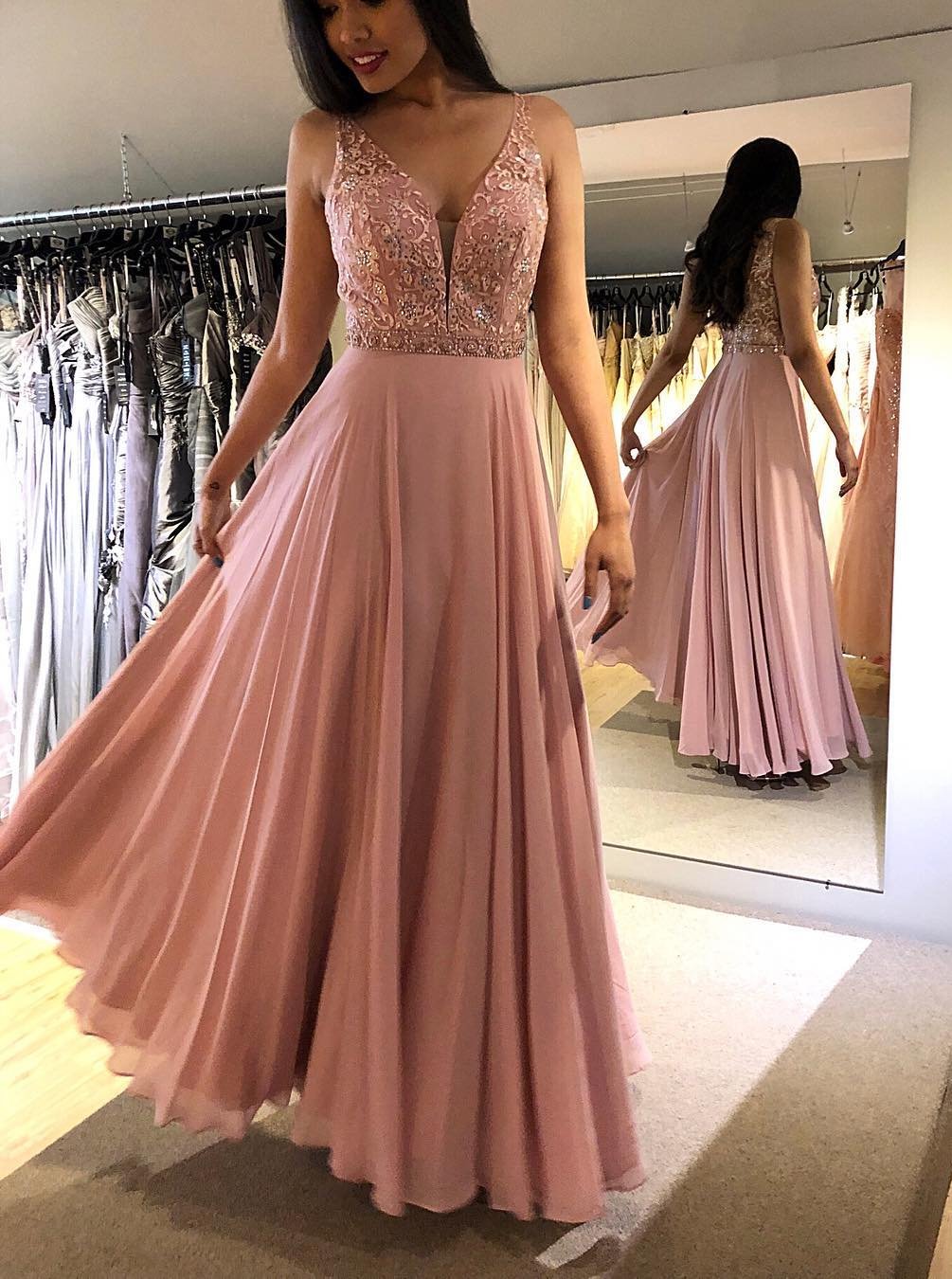 A-Line V-Neck Prom Dress, Blush Chiffon Long Evening Dress with Beading
