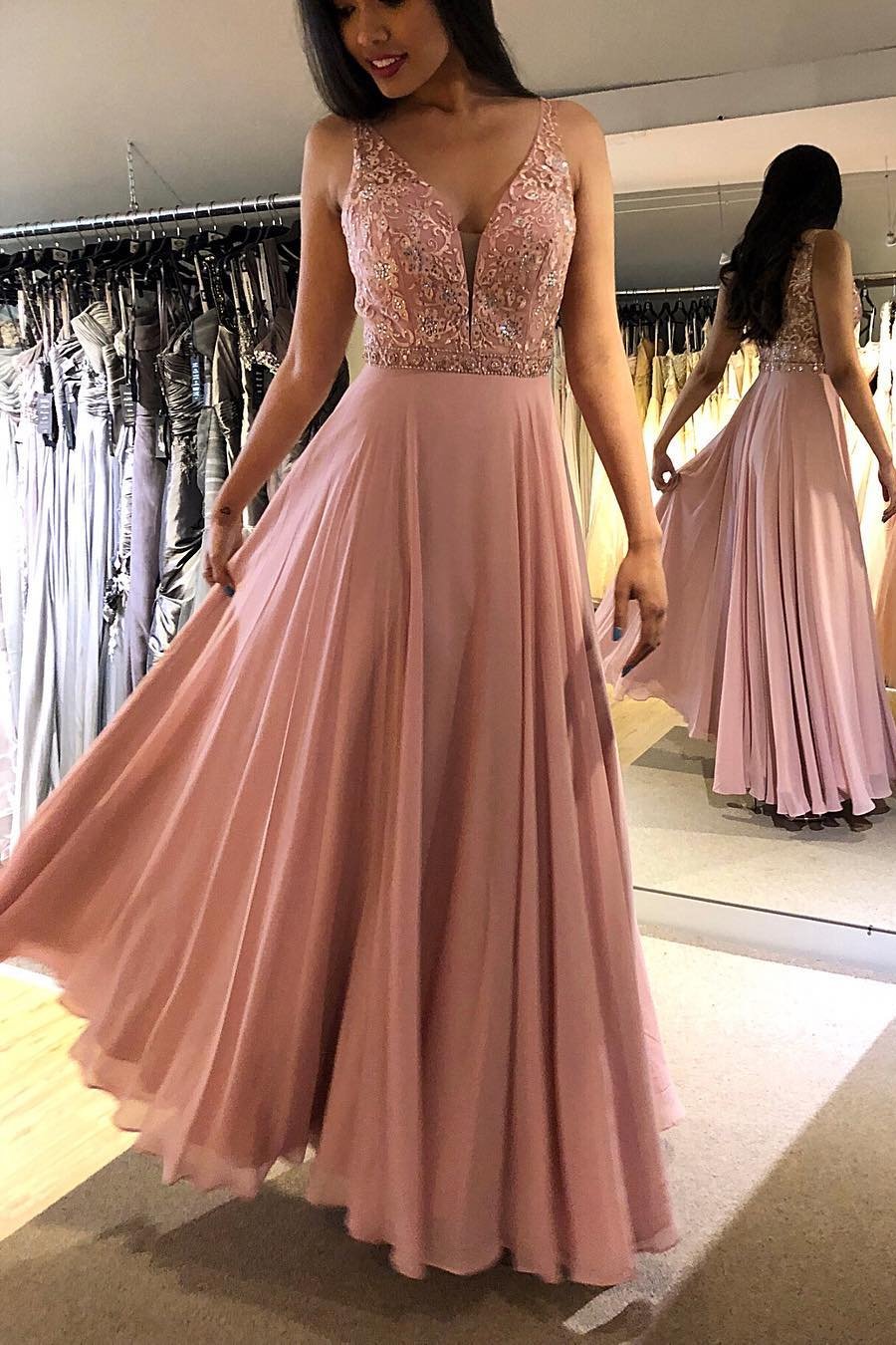 A-Line V-Neck Prom Dress, Blush Chiffon Long Evening Dress with Beading