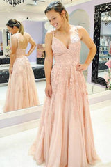 A-Line Blush Pink Prom Dress, Spaghetti Tulle Appliques Formal Dress