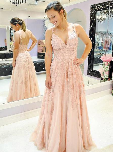 A-Line Blush Pink Prom Dress, Spaghetti Tulle Appliques Formal Dress