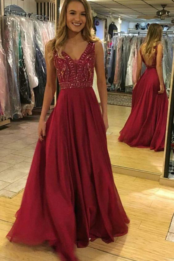 Burgundy A-Line V-Neck Sequin Long Chiffon Prom Dress