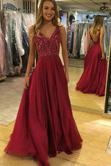 Burgundy A-Line V-Neck Sequin Long Chiffon Prom Dress