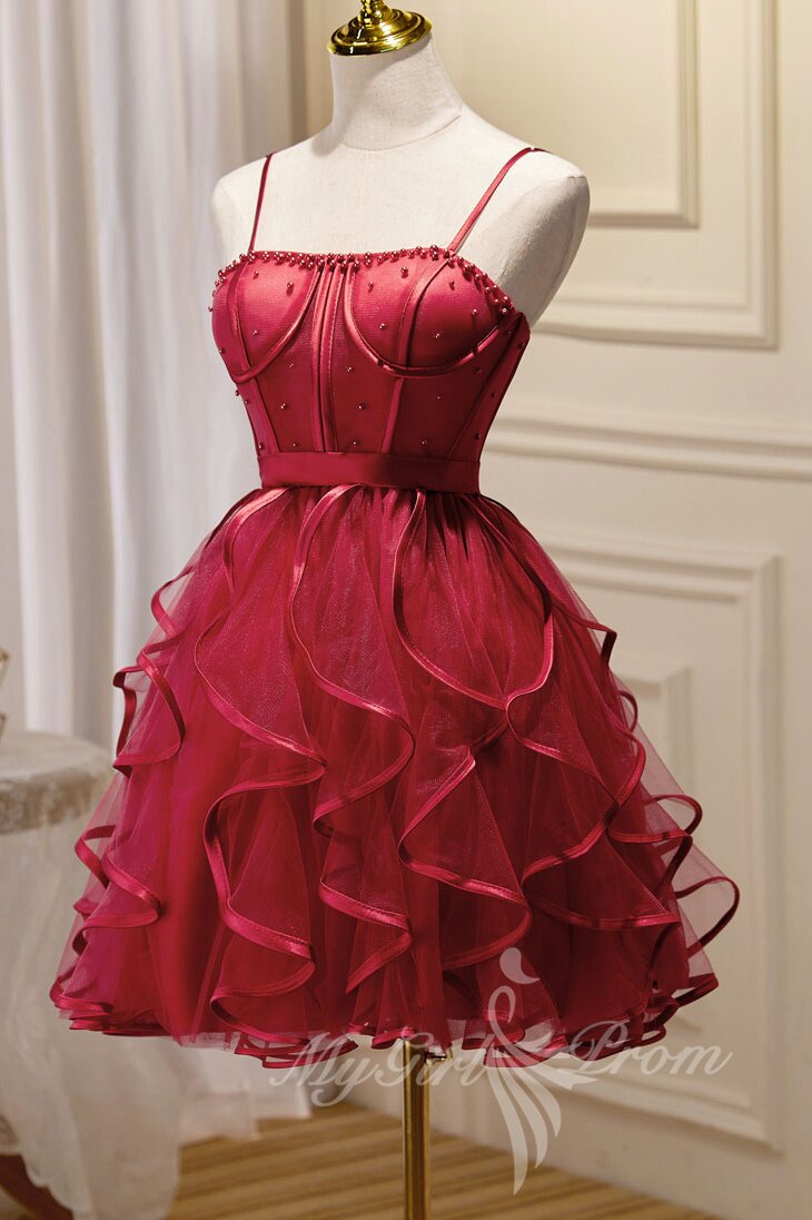 Burgundy Spaghetti Straps Short Prom Dress, Puffy Homecoming Dress
